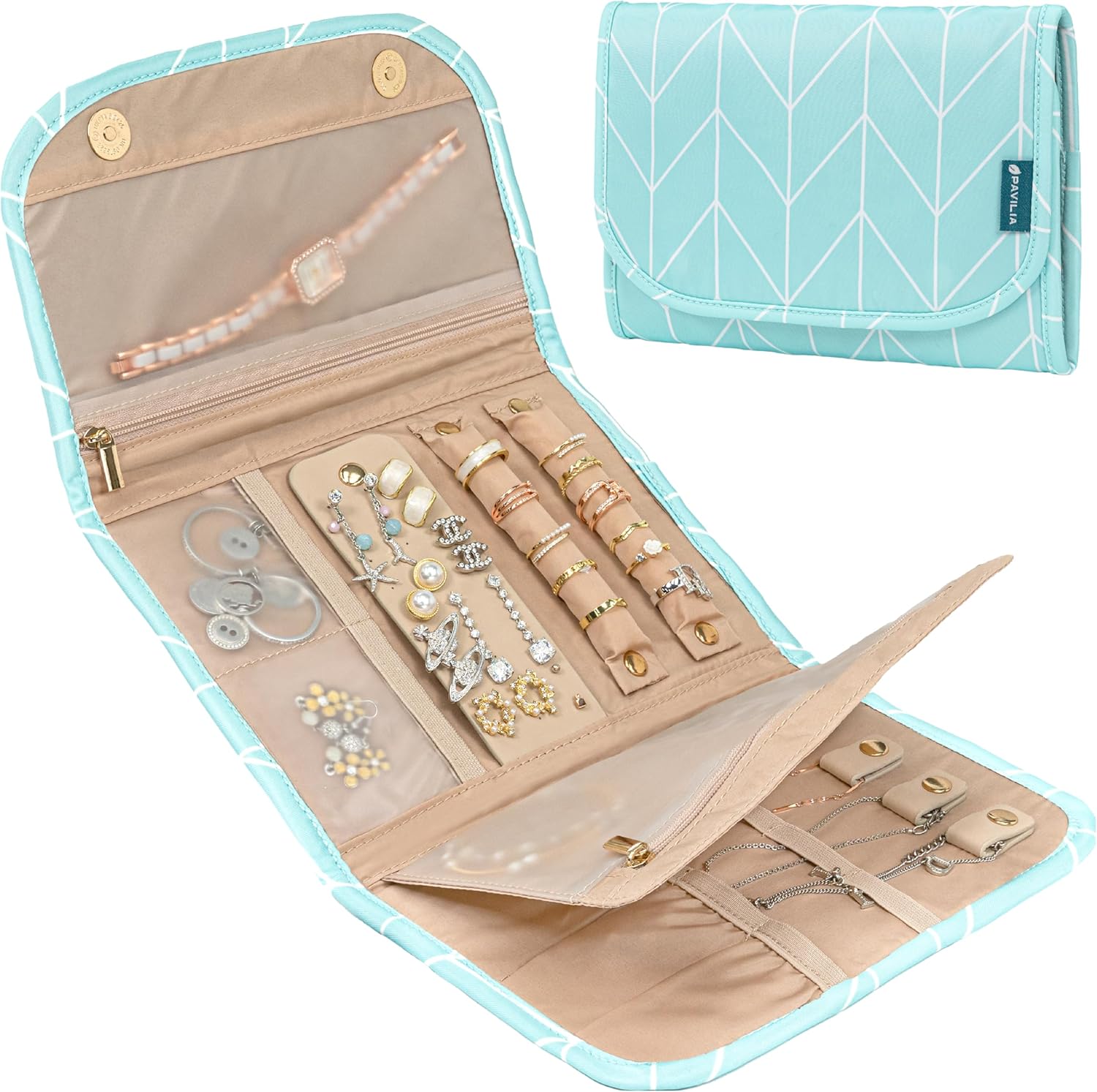 PAVILIA Travel Jewelry Case Organizer, Foldable Jewelry Travel Roll Bag, Small Jewelry Travel Pouch Wallet for Earrings, Rings, Necklaces, Bracelets, Travel Packing Accessories (Chevron Teal) - 1