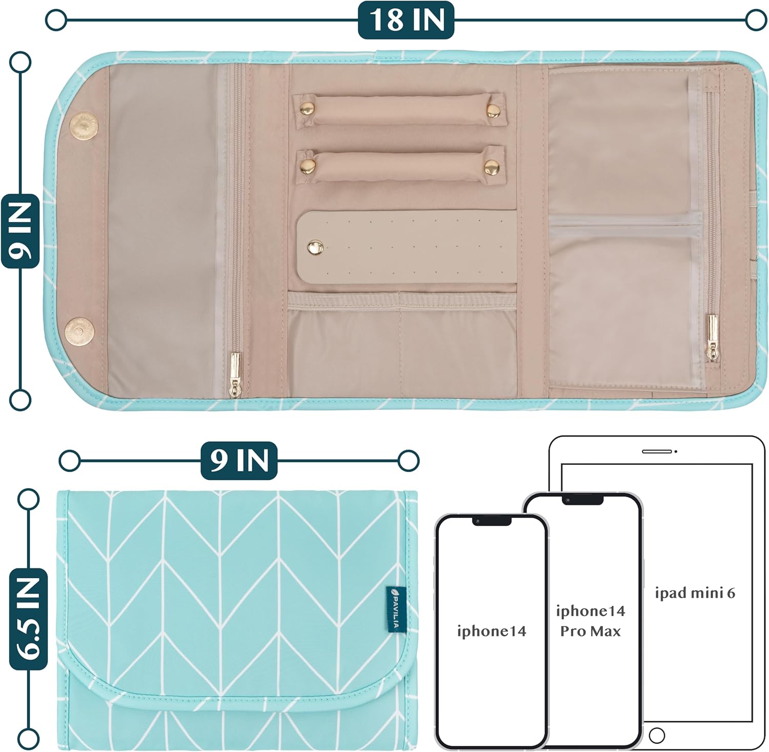 PAVILIA Travel Jewelry Case Organizer, Foldable Jewelry Travel Roll Bag, Small Jewelry Travel Pouch Wallet for Earrings, Rings, Necklaces, Bracelets, Travel Packing Accessories (Chevron Teal) - Image 4