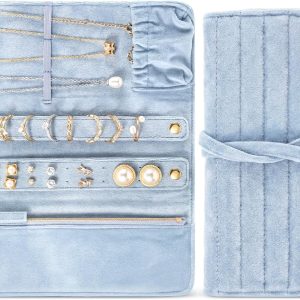 Tondiamo 1 Pcs Velvet Jewelry Roll Luxury Travel Jewelry Case for Ring Necklace Earring Bracelet Storage Bag Women Bridesmaid Gift (Light Blue) - 1